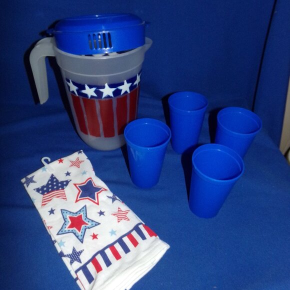 New - Stars & Stripes 1gal Plastic Pitcher, 4 Blue Plastic Cups, Stars Tea Towel - Picture 2 of 7